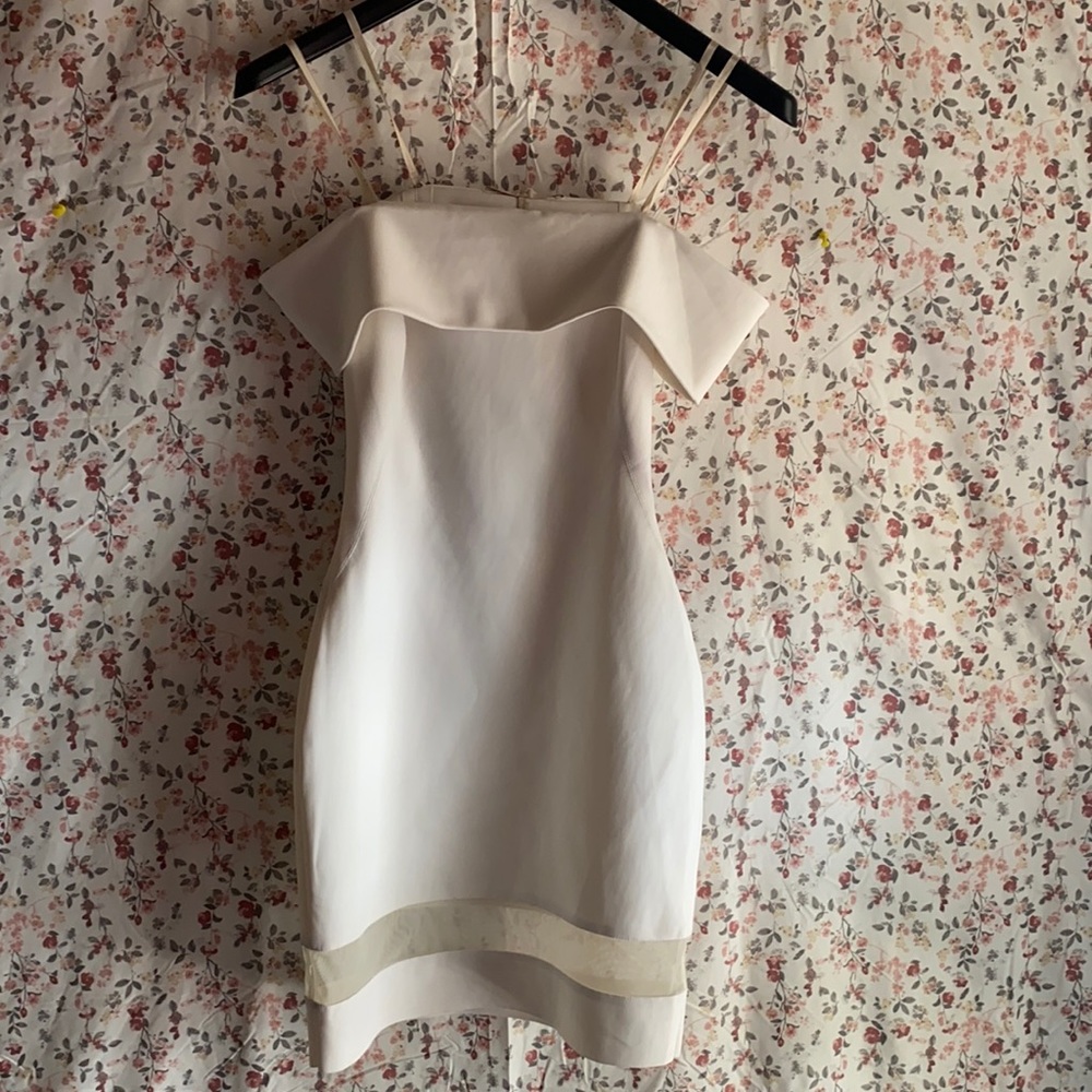 Halton heritage off the shoulder white dress with sheer mesh line on bottom SZ M